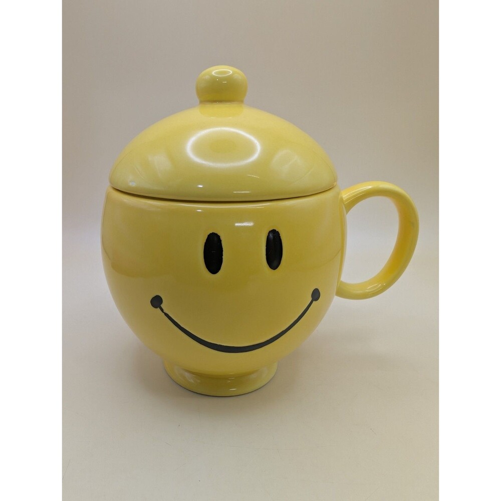 Vintage Teleflora Smiley Face Mug with Lid Yellow Ceramic Coffee Cup Retro 20oz